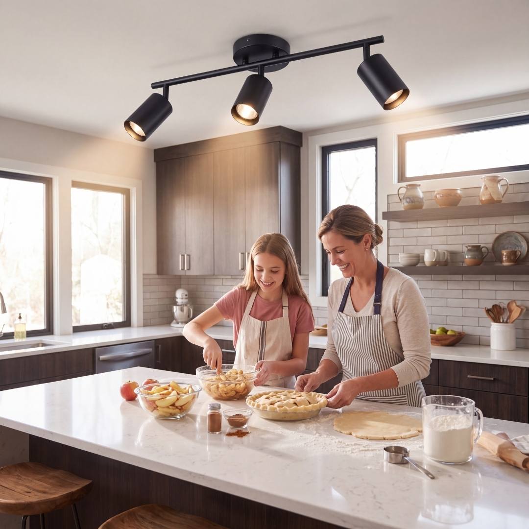 Spot triple de techo iluminando la cocina familiar con luz cálida