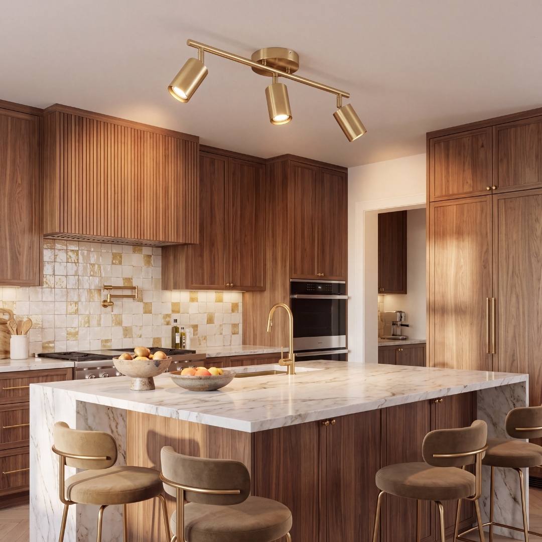Spot triple de techo iluminando la cocina con tres haces dirigidos
