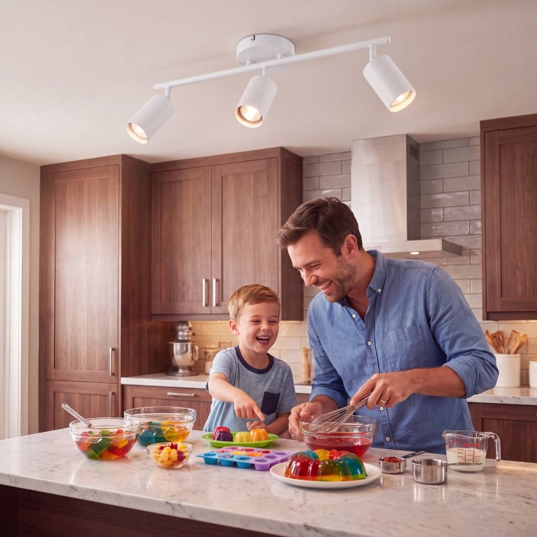 Spot triple de techo iluminando la cocina familiar con luz cálida