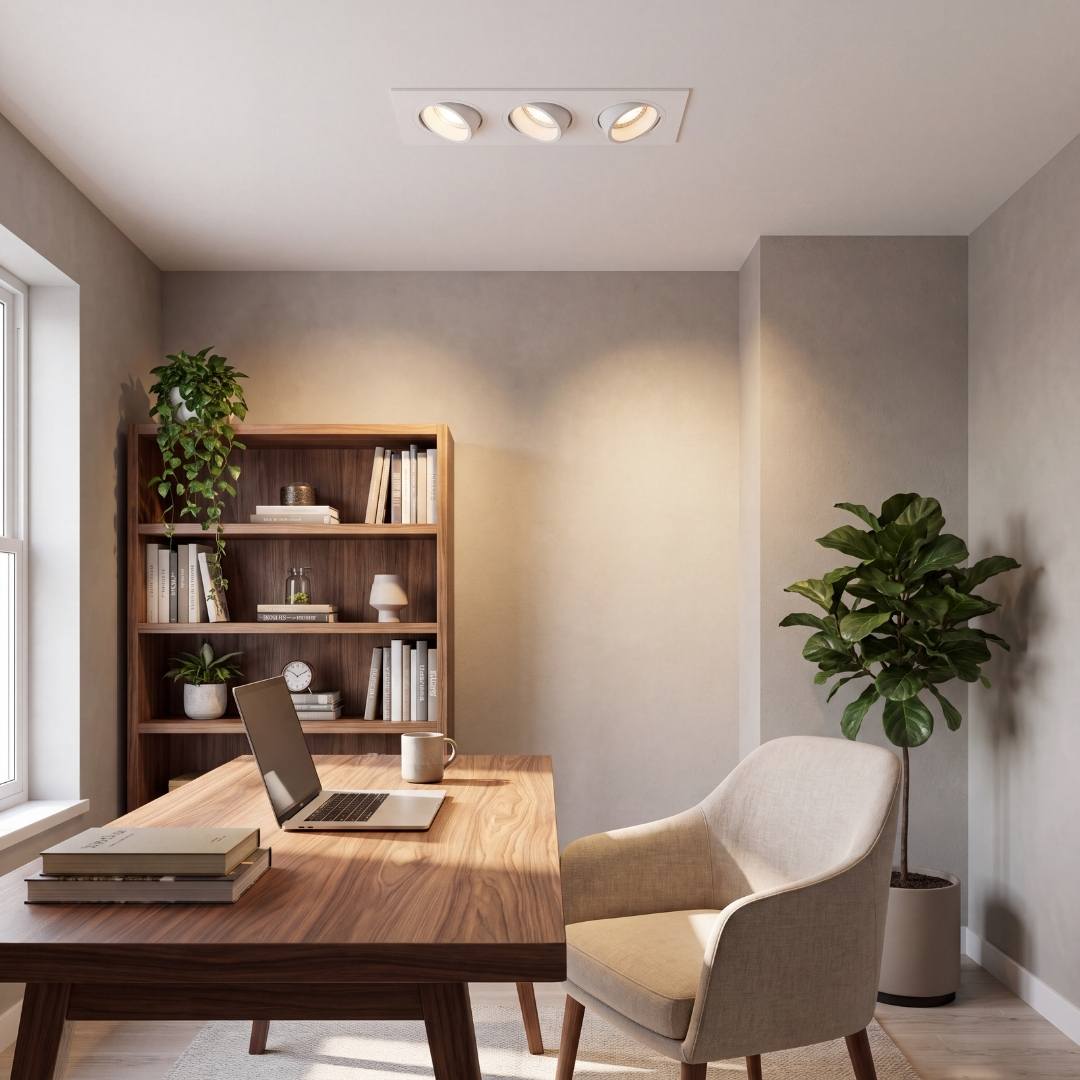Spot dicroico empotrable de 3 luces iluminando escritorio de madera en home office