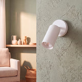 Spot dirigible iluminando repisas decorativas en pared verde