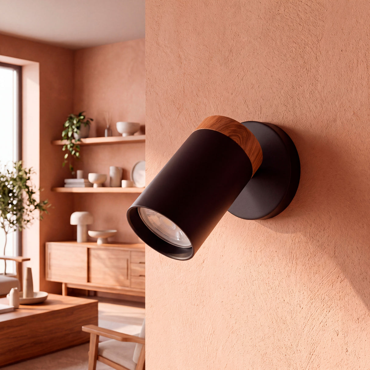 Spot dirigible negro con madera como aplique en pared terracota