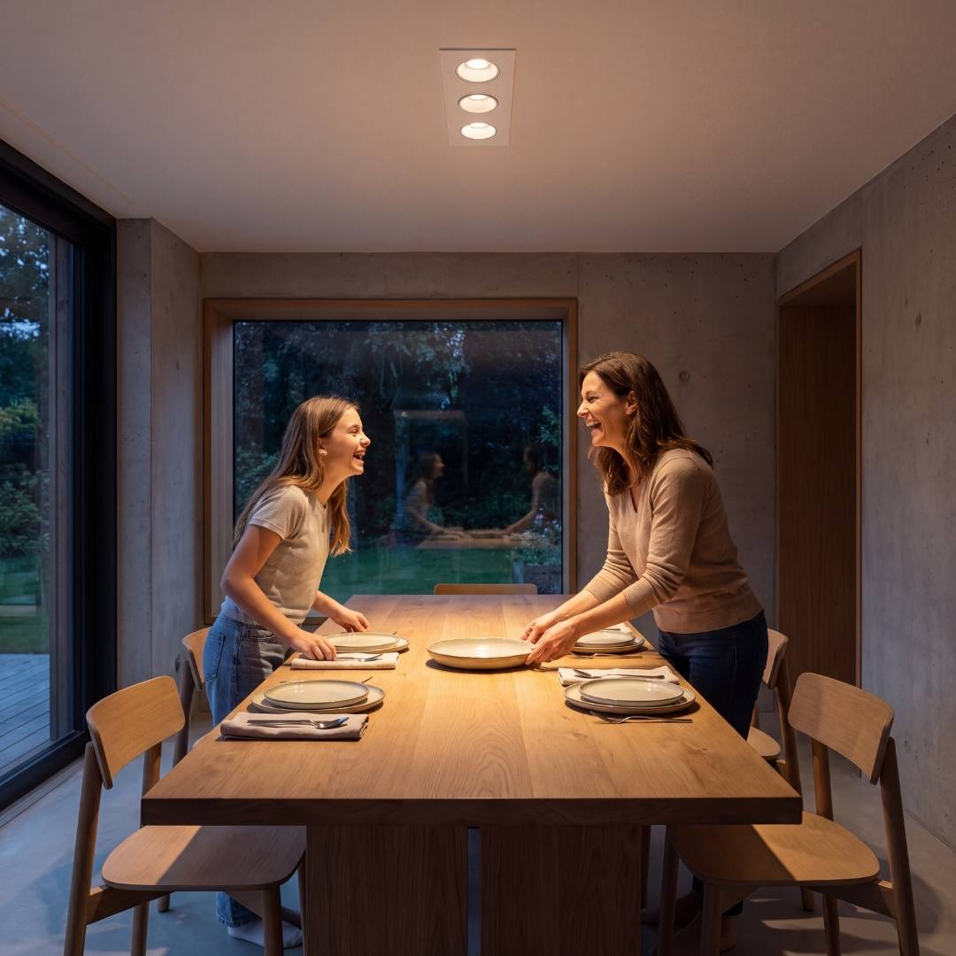 Spot empotrable de 3 luces sobre mesa de comedor con luz cálida de noche