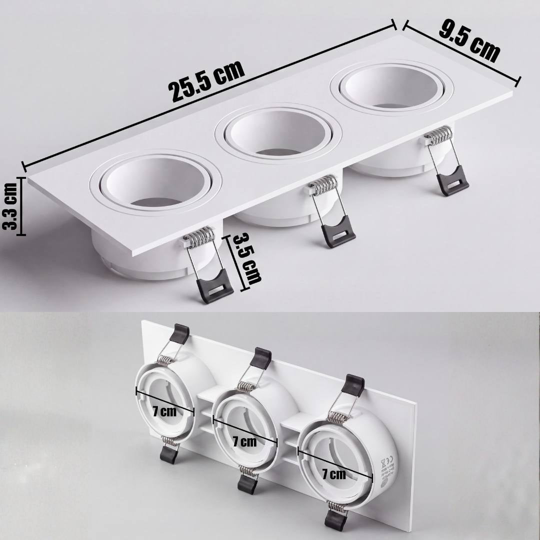 Dimensiones del spot empotrable de 3 luces LEA: 25.5 × 9.5 cm y 3.3 cm de profundidad