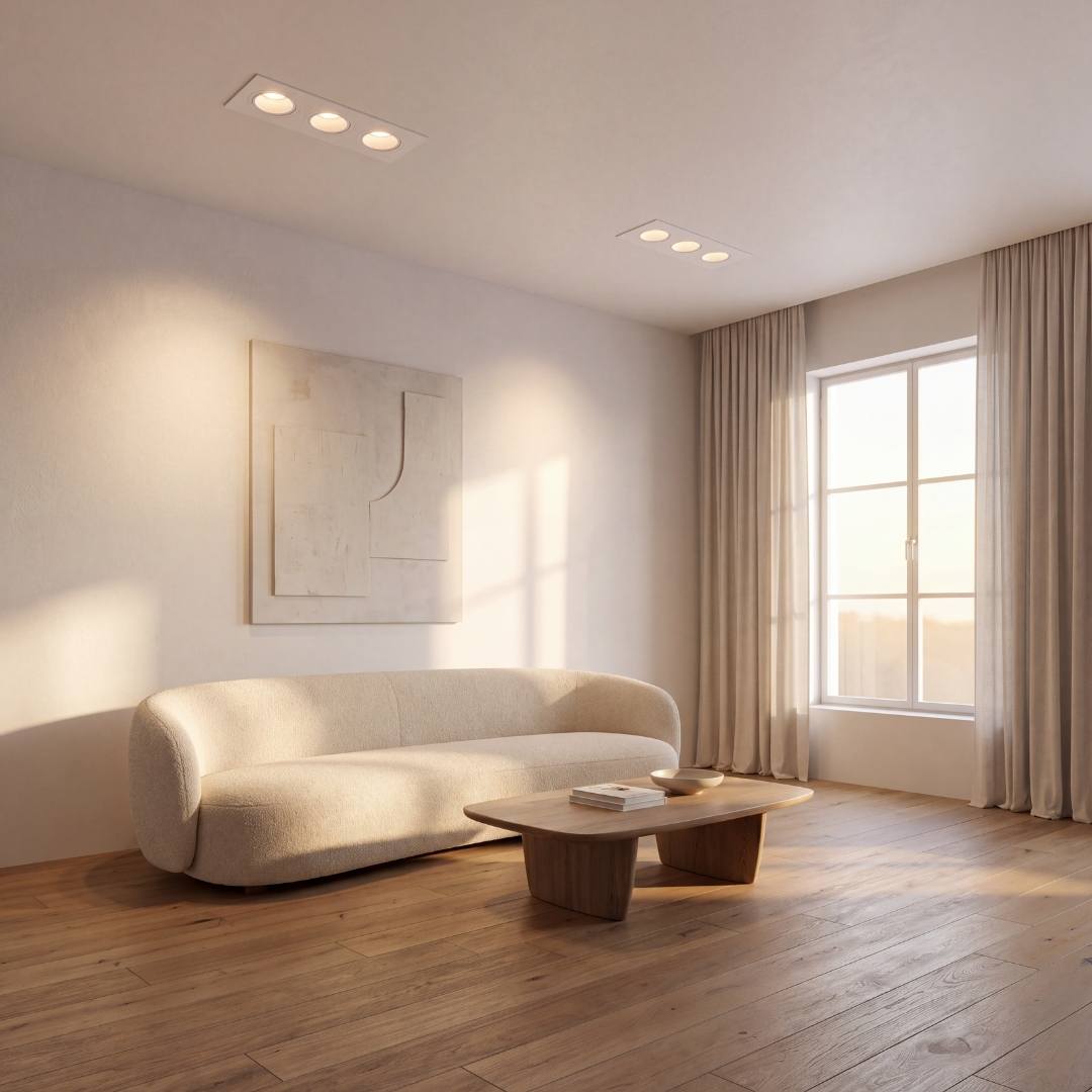 Spots empotrables de 3 luces en el techo de una sala moderna con luz cálida