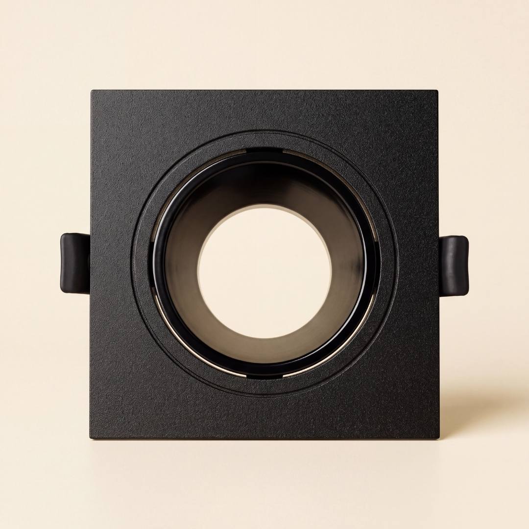 Vista frontal del spot empotrable cuadrado orientable LEA Black en negro mate