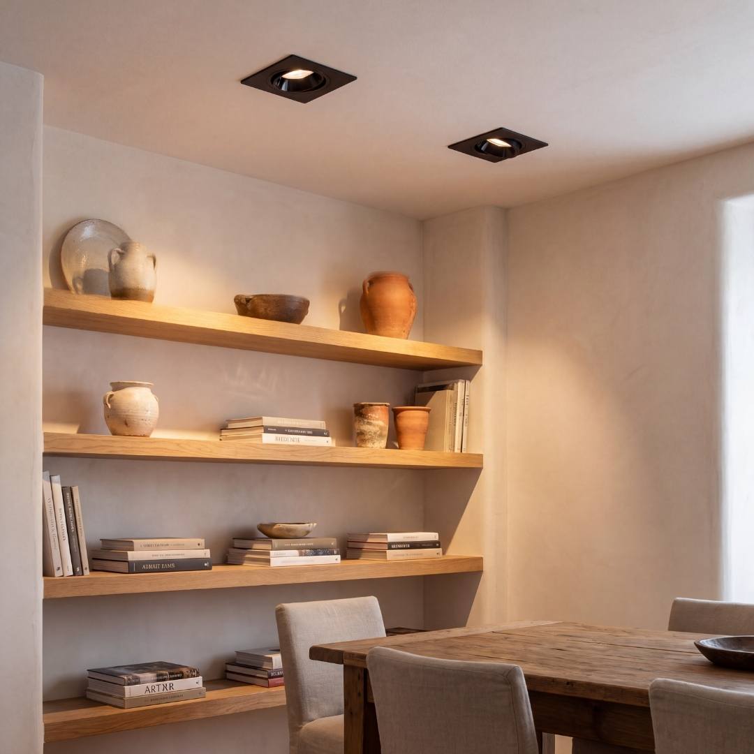 Spots empotrables negros orientados hacia repisas de madera en un comedor