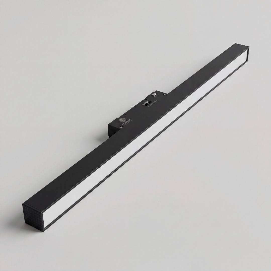 Spot LED lineal magnético encendido con luz cálida continua y uniforme