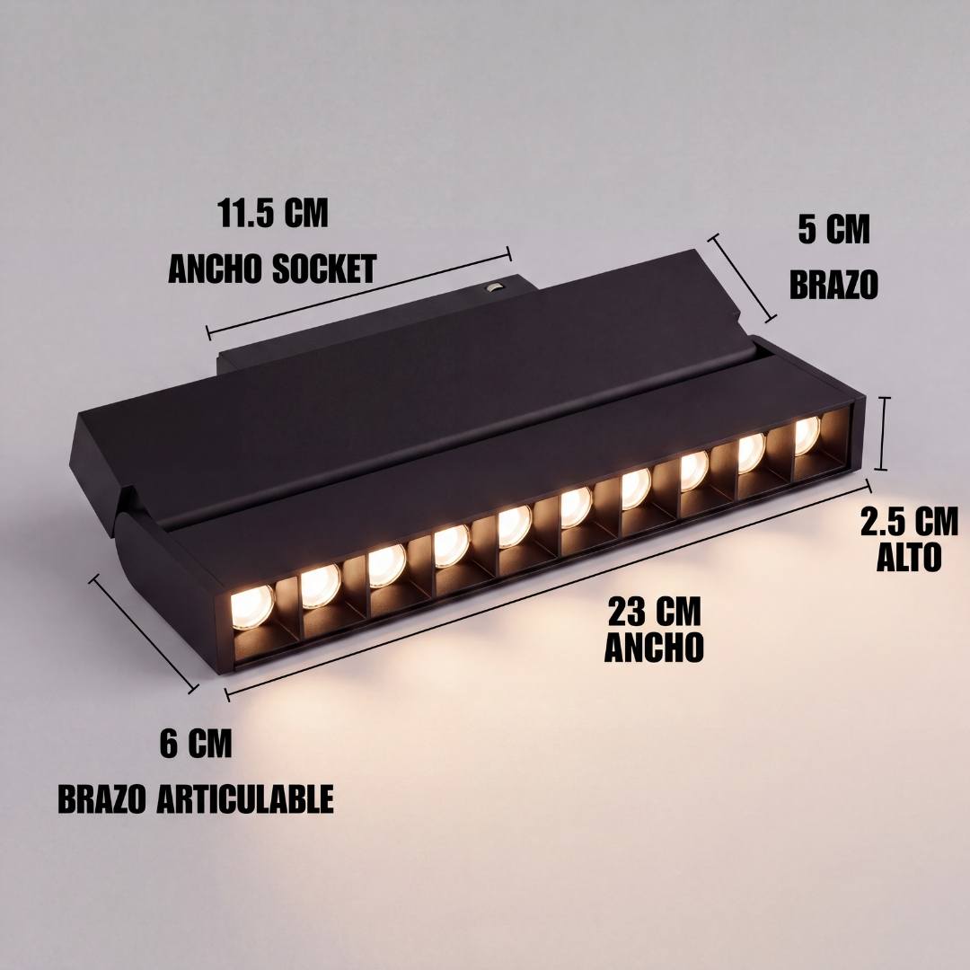Dimensiones del spot articulable 12W: cabezal 23 cm y socket 11.5 cm