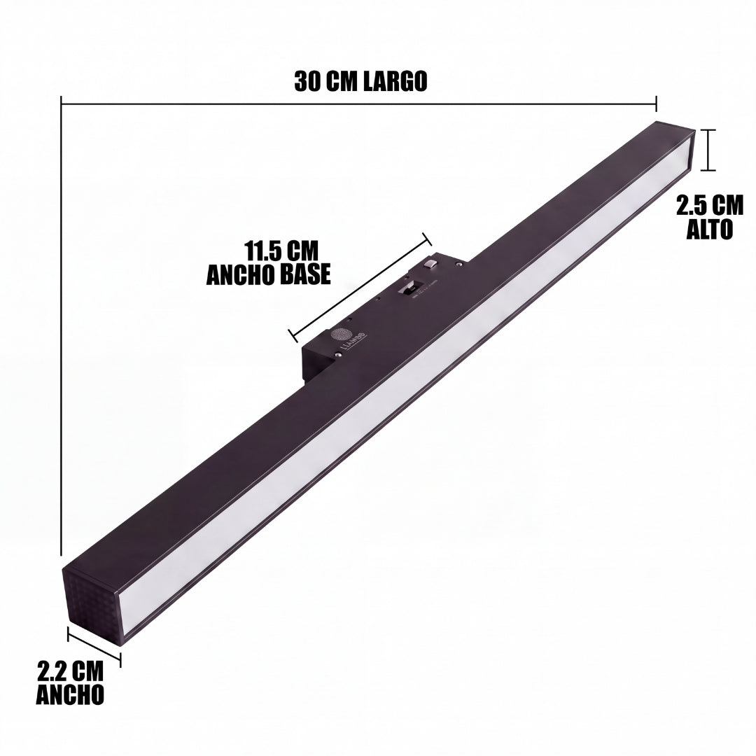 Dimensiones del spot LED magnético lineal: 30 cm de largo y 2.5 cm de alto