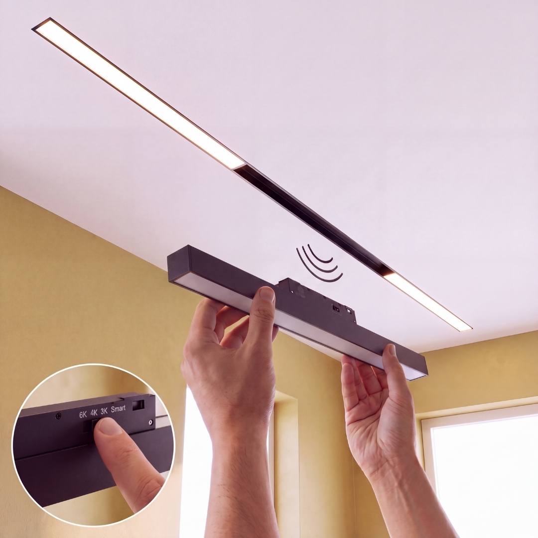 Mano instalando spot LED magnético lineal de 30 cm en riel magnético 48V