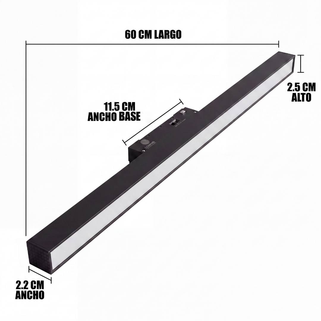 Dimensiones del spot LED magnético lineal: 60 cm de largo, 2.2 cm de ancho y 2.5 cm de alto