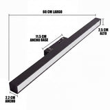 Dimensiones del spot LED magnético lineal: 60 cm de largo, 2.2 cm de ancho y 2.5 cm de alto