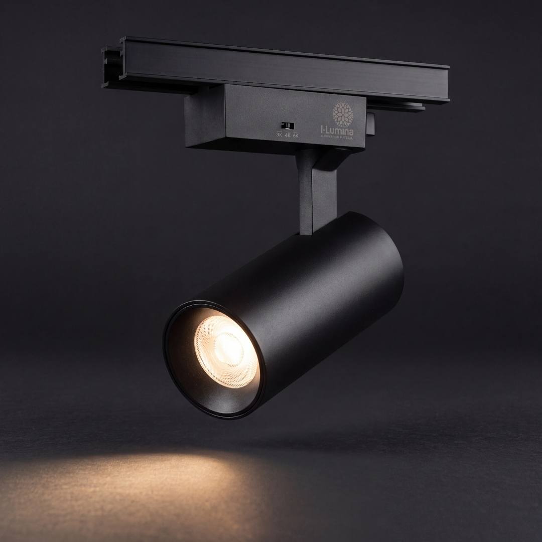 Spot LED para riel 220V LEXI encendido con luz cálida sobre fondo oscuro