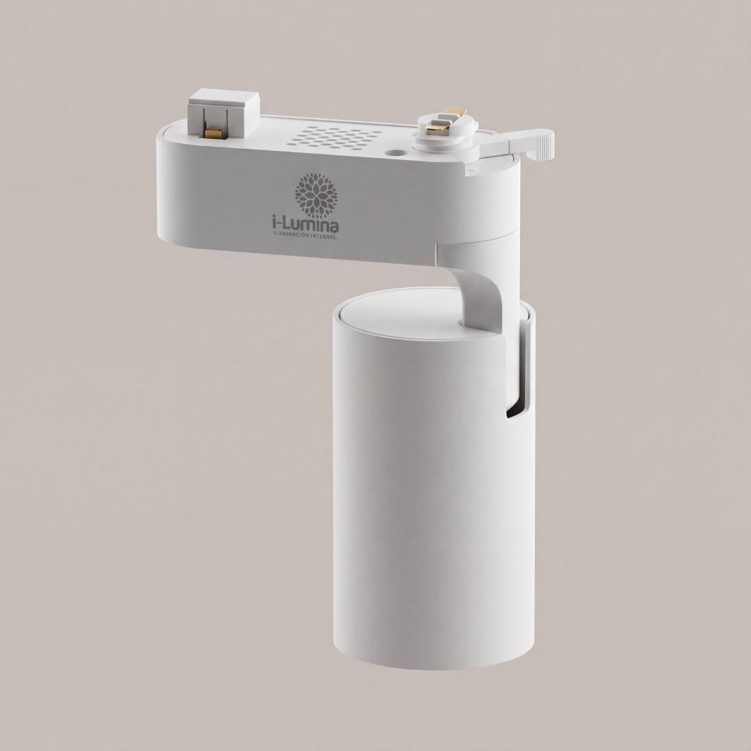Vista posterior del spot LED para riel en aluminio blanco mate