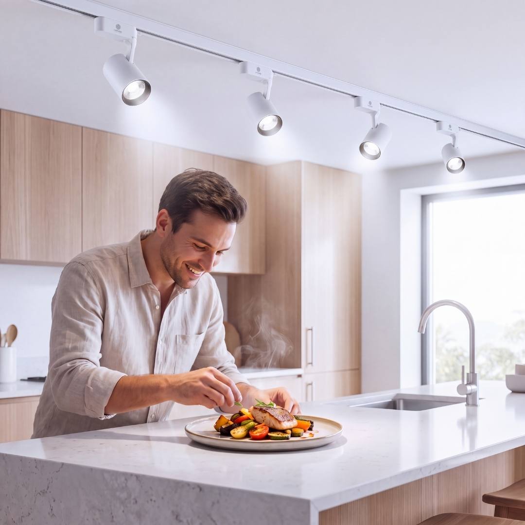 Hombre cocinando bajo spots LED de riel en una cocina moderna