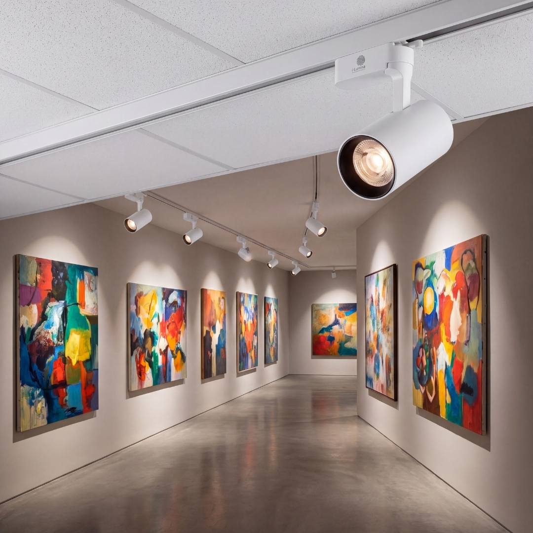 Spots LED de riel con CRI 90 iluminando cuadros coloridos en una galería