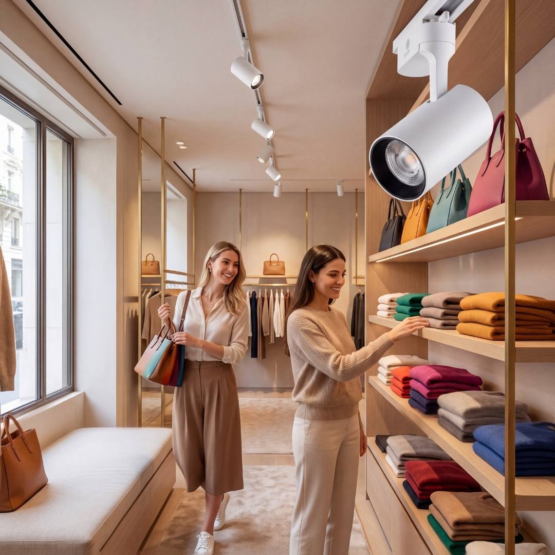 Spots LED de riel iluminando estanterías de ropa en una tienda boutique