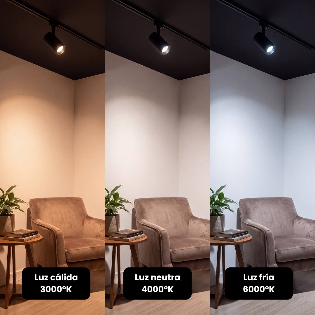 Spot LED de riel LEXI con 3 tonalidades: cálida 3000K, neutra 4000K y fría 6000K