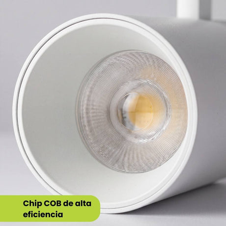 Detalle del chip LED COB y la óptica del spot para riel LEXI White