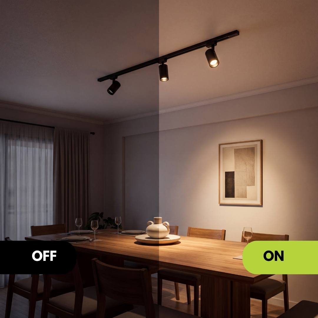Comedor con spots LED de riel LEXI apagados y encendidos