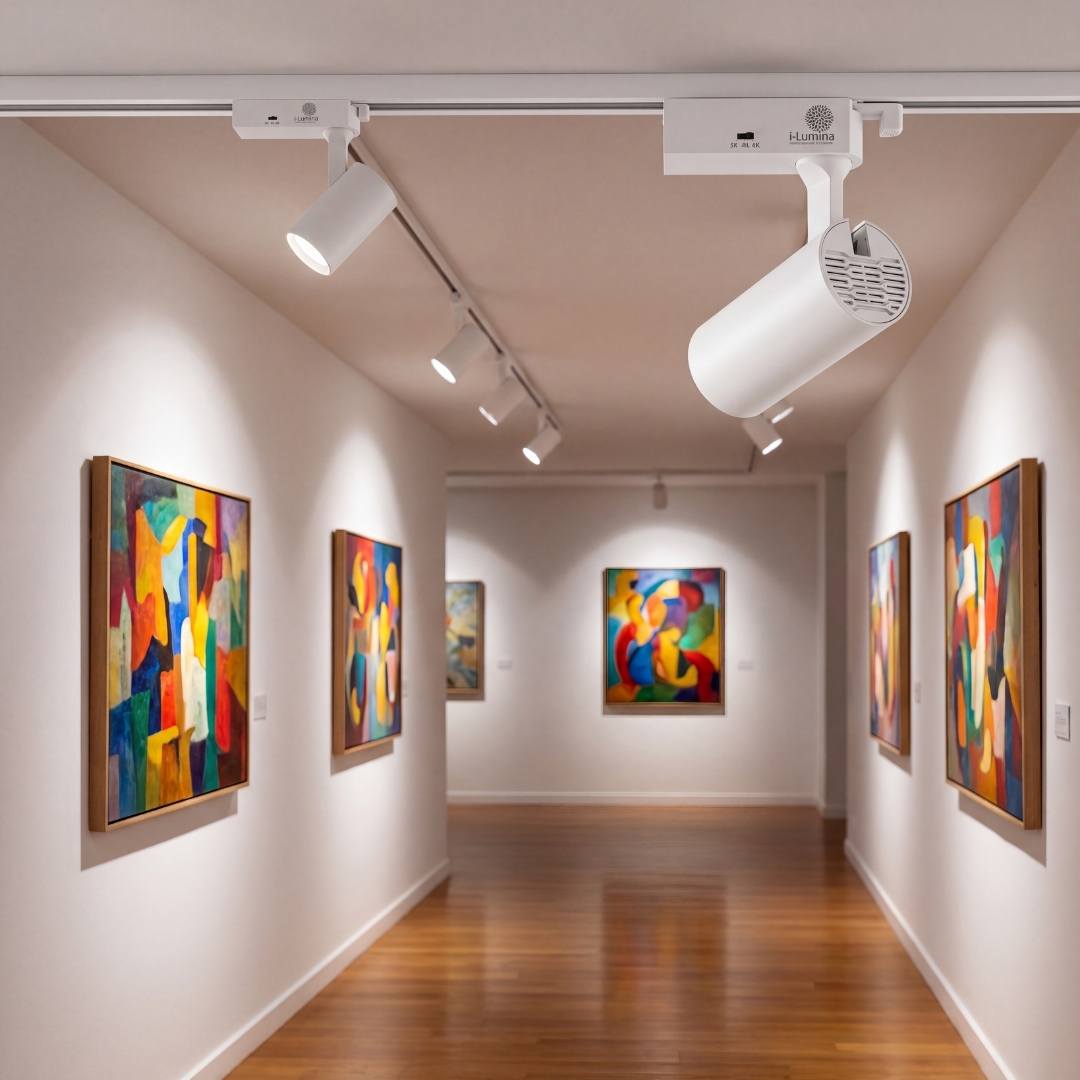 Spots LED de riel con CRI 90 iluminando cuadros coloridos en una galería