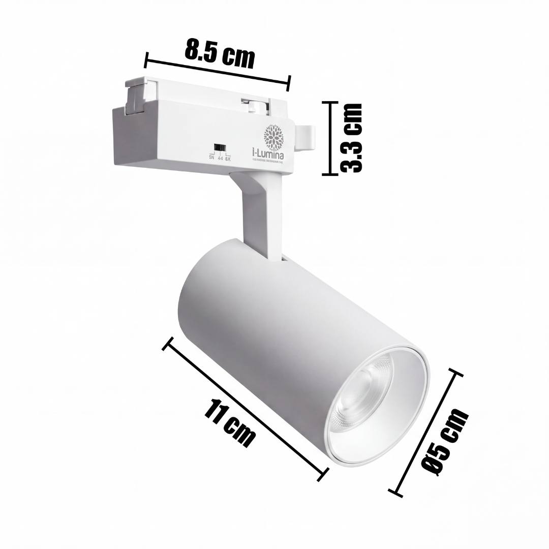 Dimensiones del spot LED para riel LEXI White: adaptador 8.5 cm, cabezal 11 cm