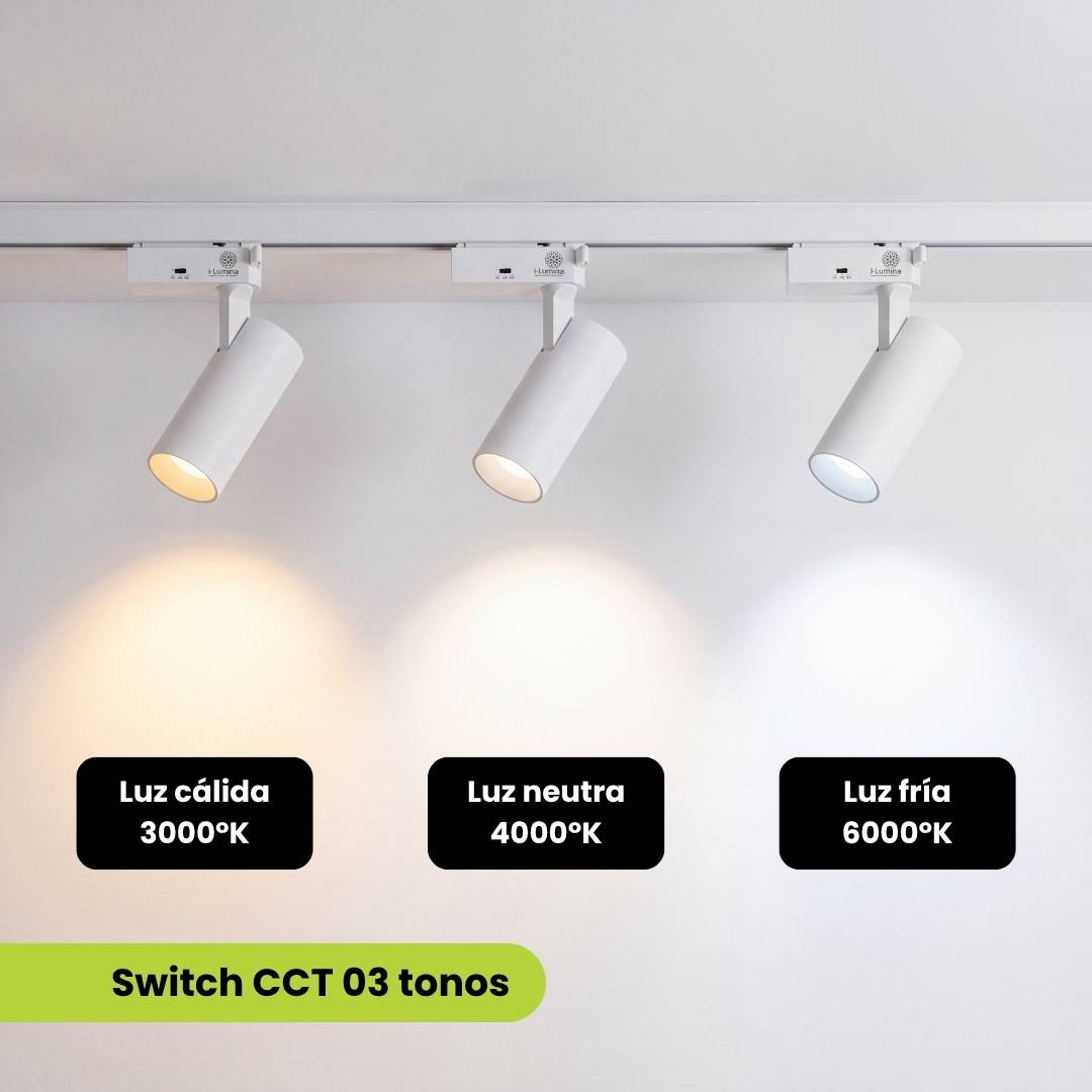 Tres spots LED para riel mostrando luz cálida 3000K, neutra 4000K y fría 6000K