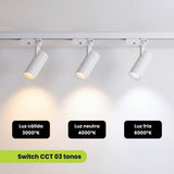 Tres spots LED para riel mostrando luz cálida 3000K, neutra 4000K y fría 6000K
