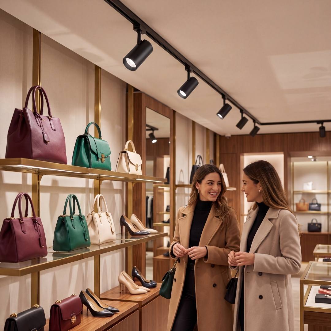 Spots LED negros de riel iluminando carteras en una tienda boutique