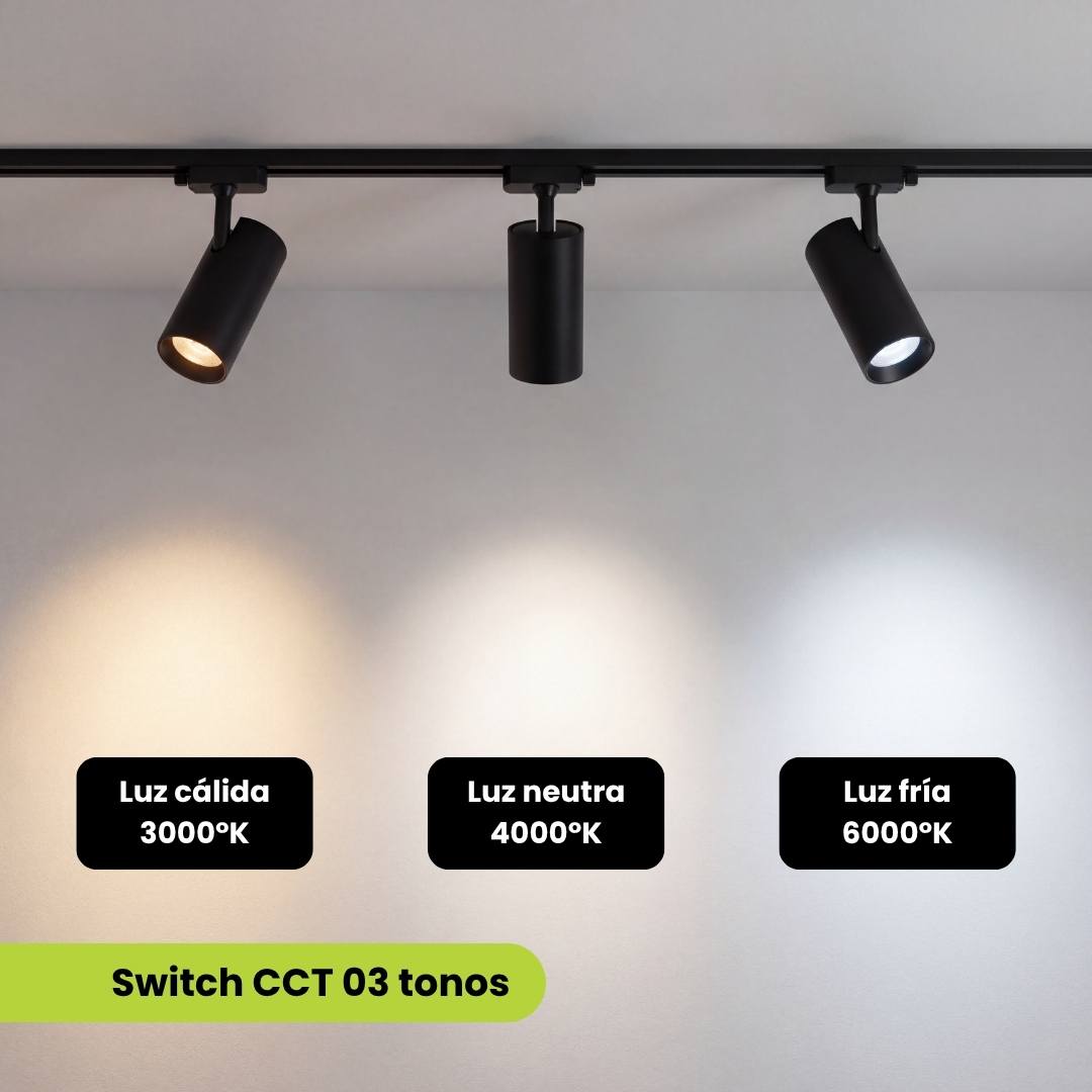 Tres spots LED negros mostrando luz cálida 3000K, neutra 4000K y fría 6000K
