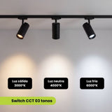 Tres spots LED negros mostrando luz cálida 3000K, neutra 4000K y fría 6000K