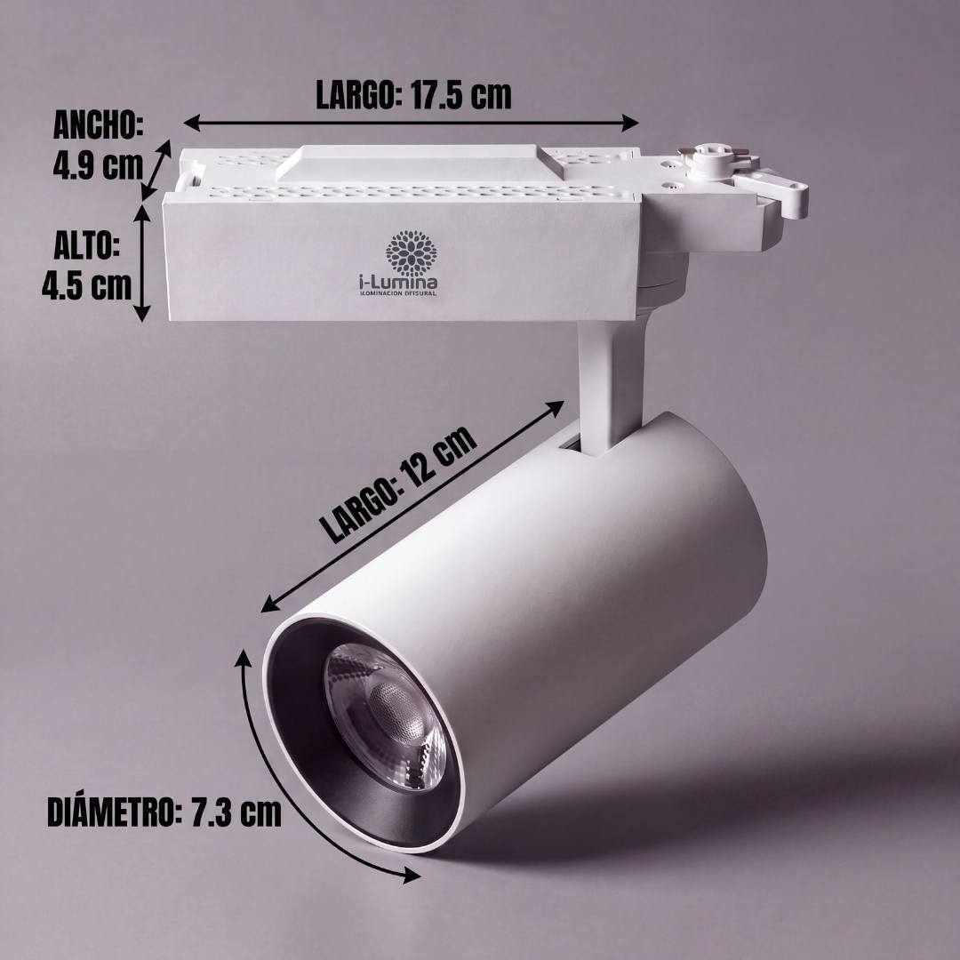 Dimensiones del spot LED para riel ROXY White: cabezal 12 cm por 7.3 cm de diámetro
