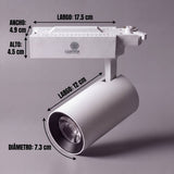 Dimensiones del spot LED para riel ROXY White: cabezal 12 cm por 7.3 cm de diámetro