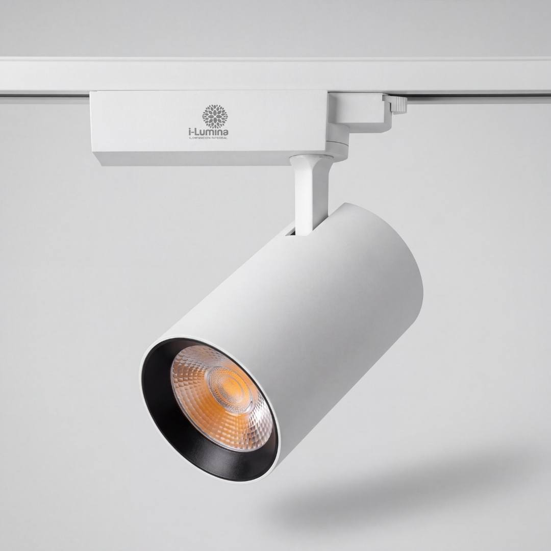 Spot LED para riel ROXY White en aluminio blanco mate, vista tres cuartos