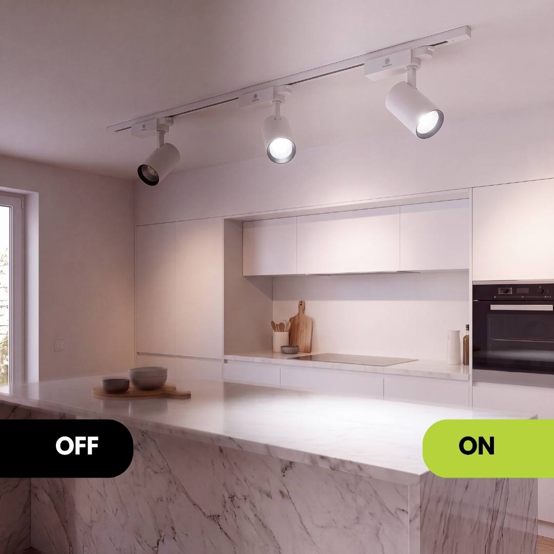 Cocina con spots LED de riel ROXY White apagados y encendidos