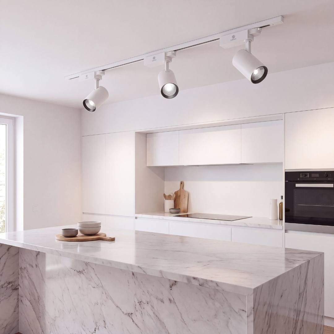 Spots LED para riel ROXY White con luz fría sobre la isla de una cocina moderna
