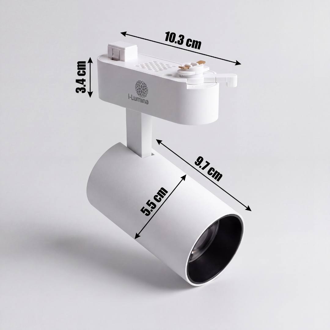 Dimensiones del spot LED para riel ROXY White: adaptador 10.3 cm, cabezal 9.7 cm