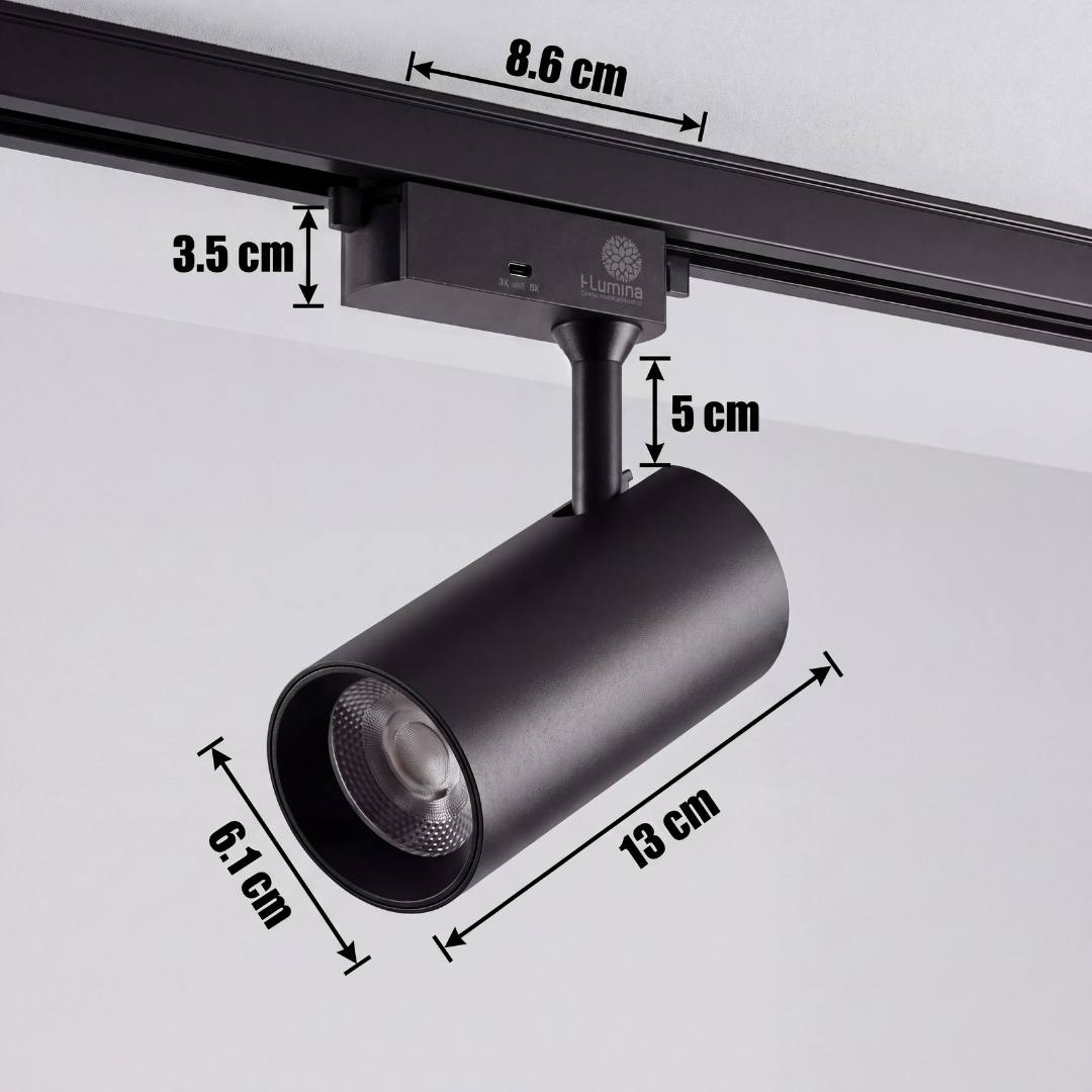 Dimensiones del spot LED para riel TRIXY Black: cabezal 13 cm x 6.1 cm