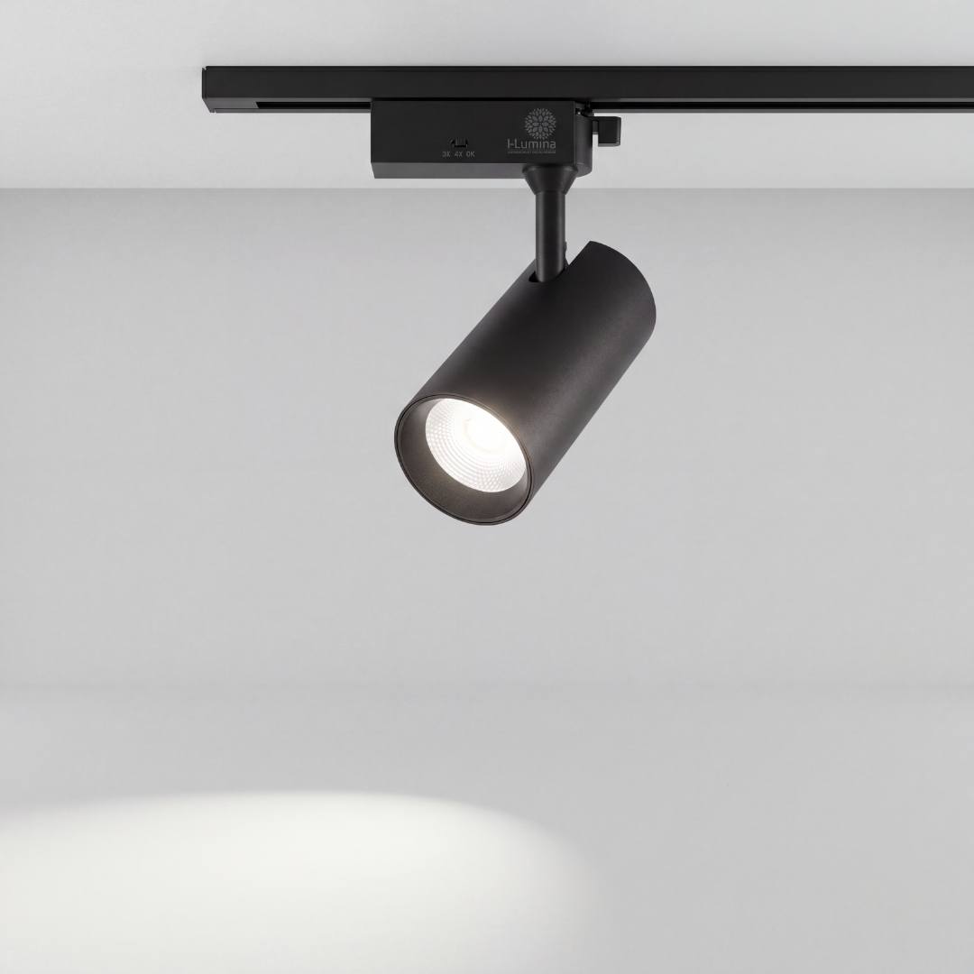 Spot LED TRIXY Black encendido instalado en riel negro 220V