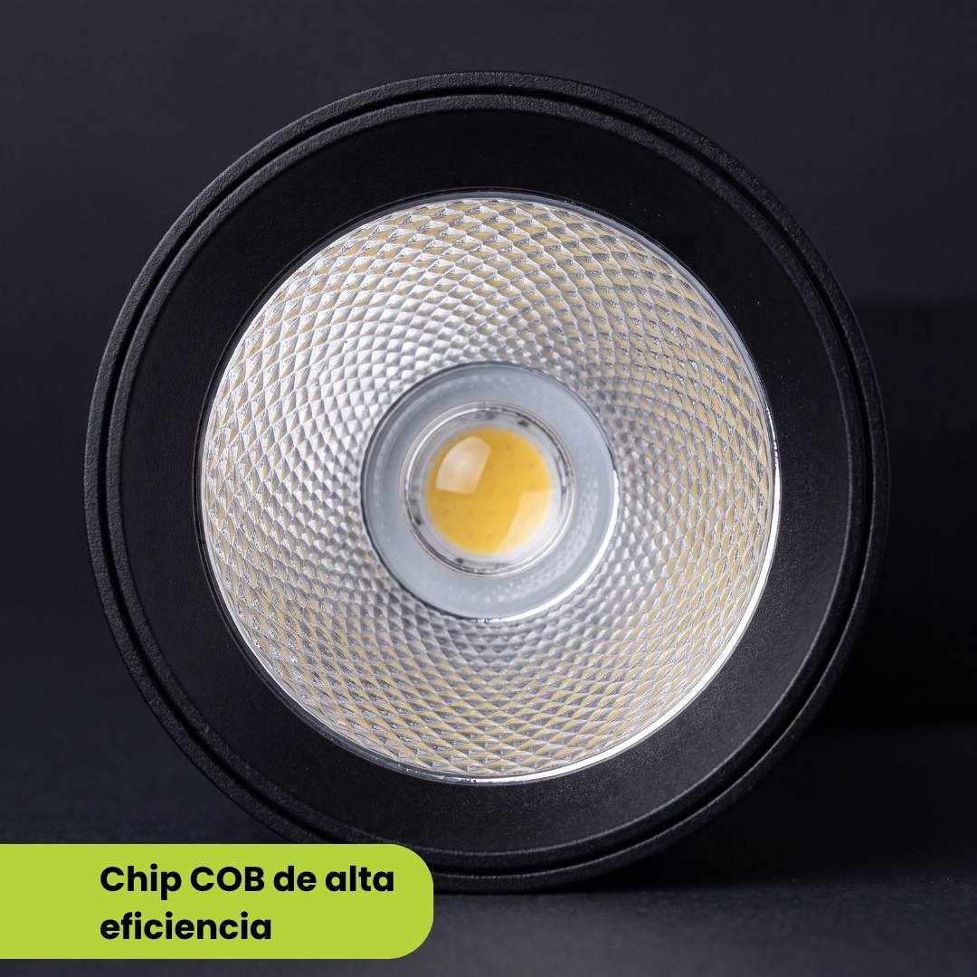 Detalle del chip LED COB y reflector facetado del spot para riel TRIXY