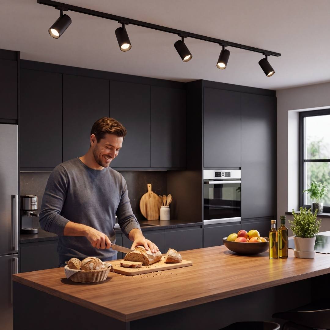 Hombre cocinando bajo spots LED negros de riel en una cocina moderna