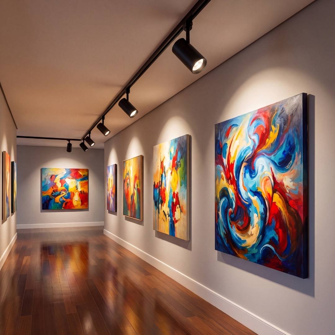 Spots LED negros de riel con CRI 90 iluminando cuadros coloridos en una galería