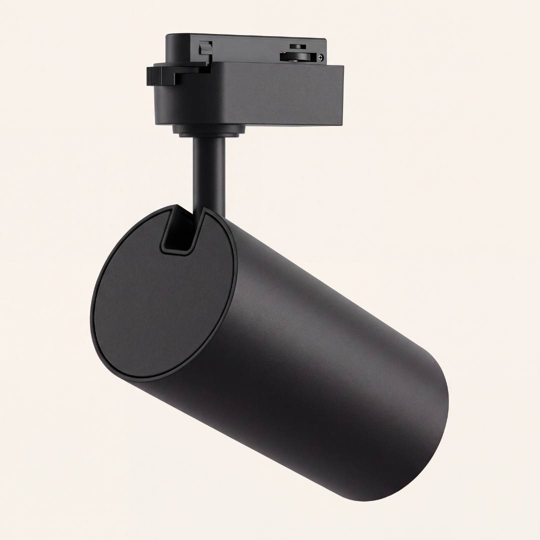 Vista posterior del spot LED negro para riel con tapa trasera lisa