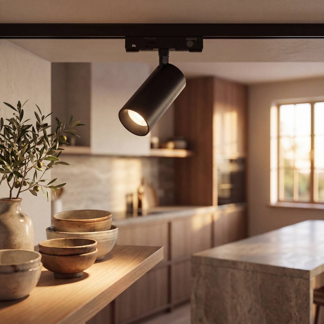 Spot LED de riel iluminando la cocina con luz cálida de acento