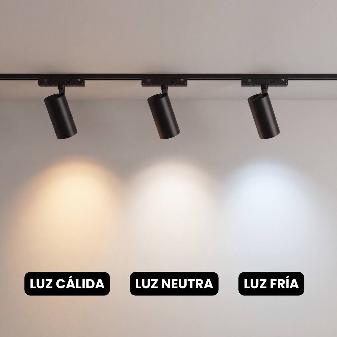 Tres spots de riel mostrando luz cálida, neutra y fría del switch CCT