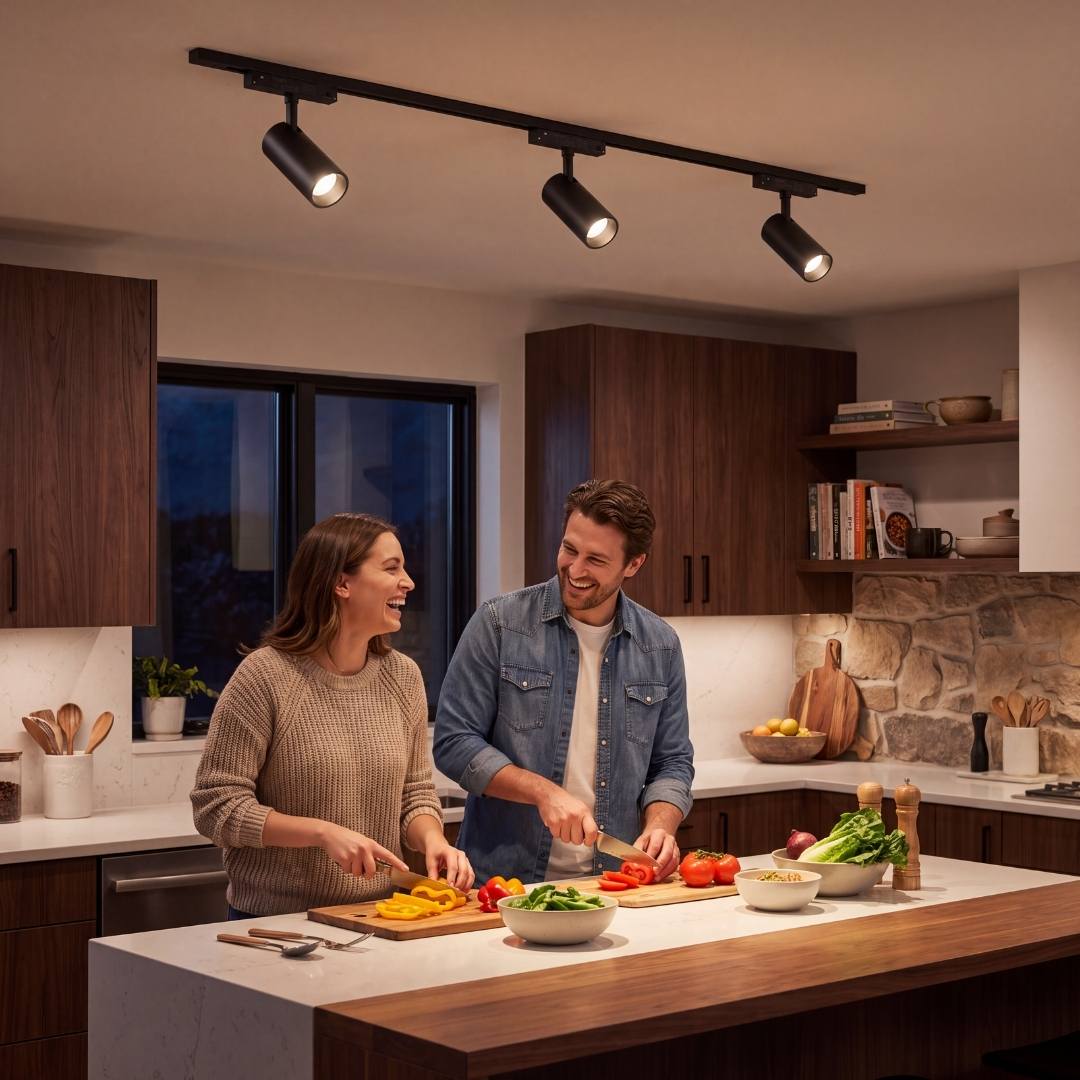 Spots LED de riel iluminando la cocina con luz dirigida