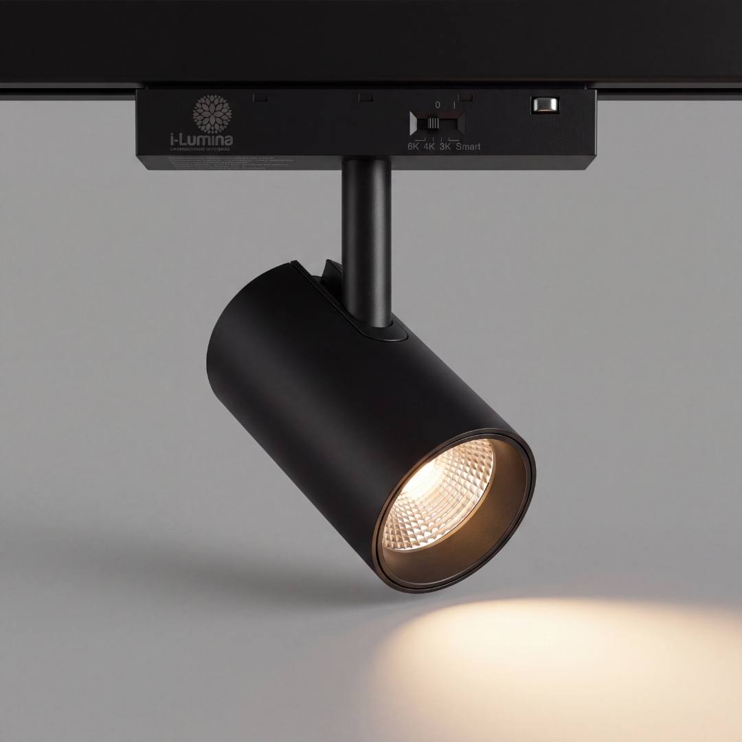 Spot LED de riel Vega negro con cabezal girable sobre fondo claro