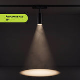 Spot de riel proyectando su cono de luz definido sobre fondo oscuro