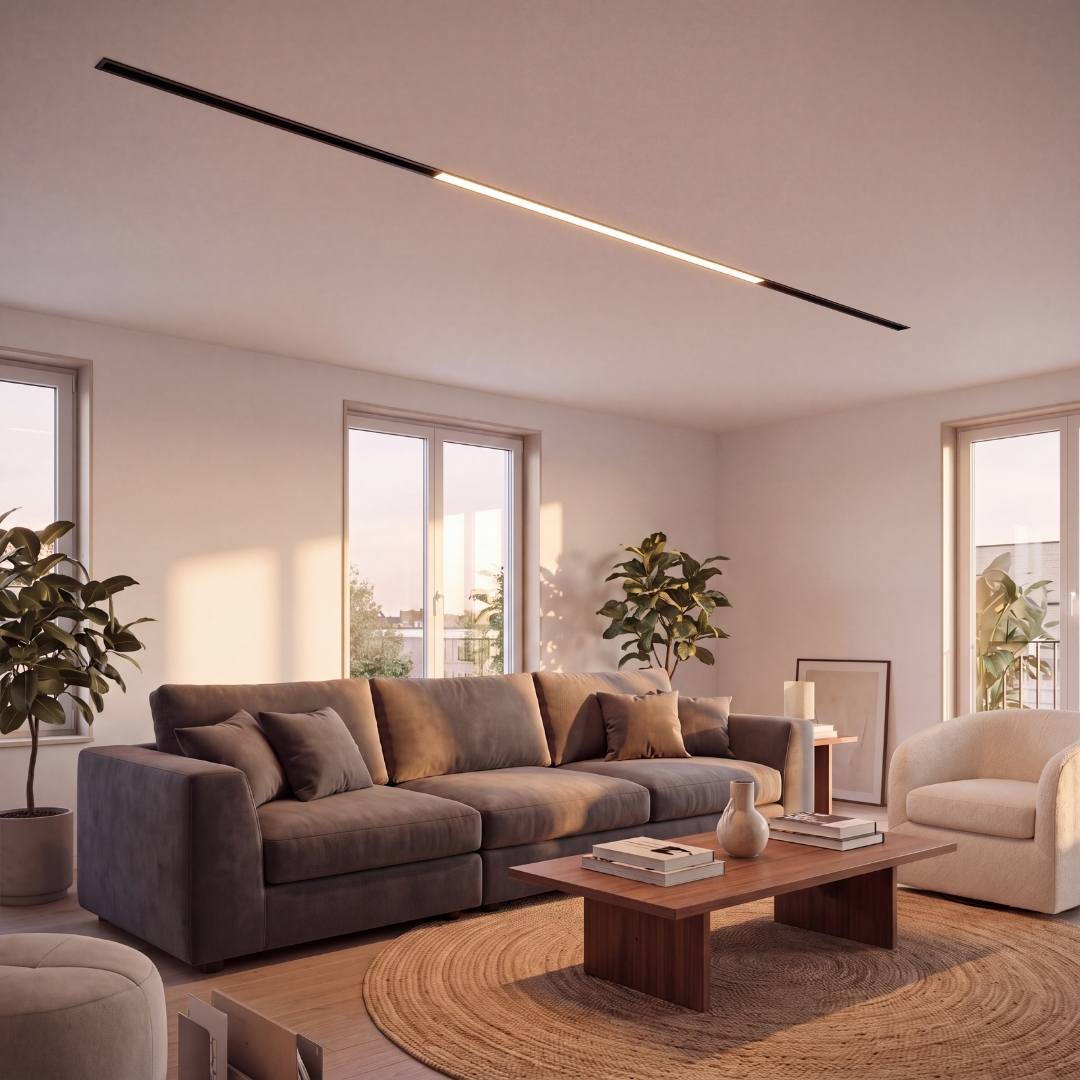 Iluminación arquitectónica lineal en sala con spot LED magnético empotrado